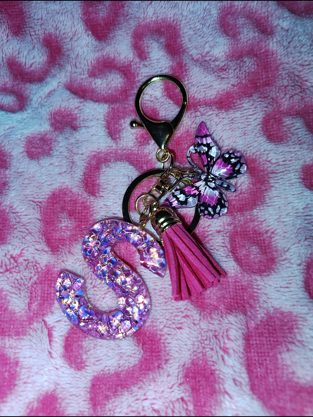 Pink Initial S Keychain with Tassel & Butterfly Charm